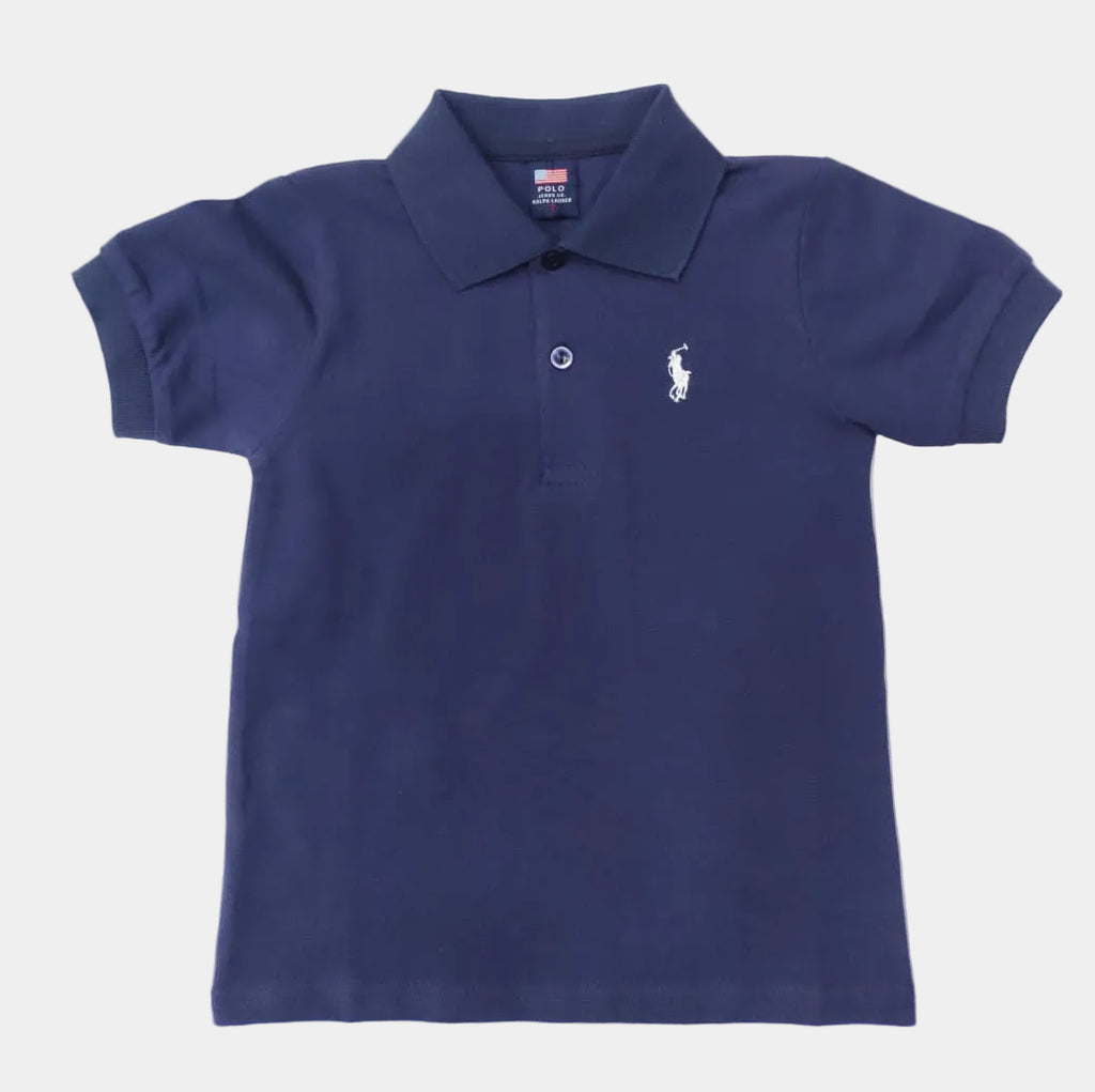 Child wearing a navy blue polo shirt with a logo on a white background