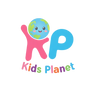 Logo of Kids Planet with a pink stick figure holding a blue globe on a white background