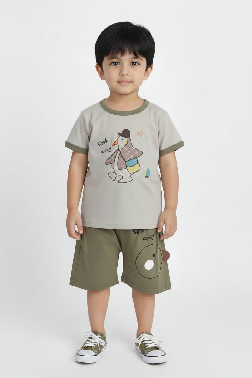 Two pieces of children's clothing with cartoon designs on a white background