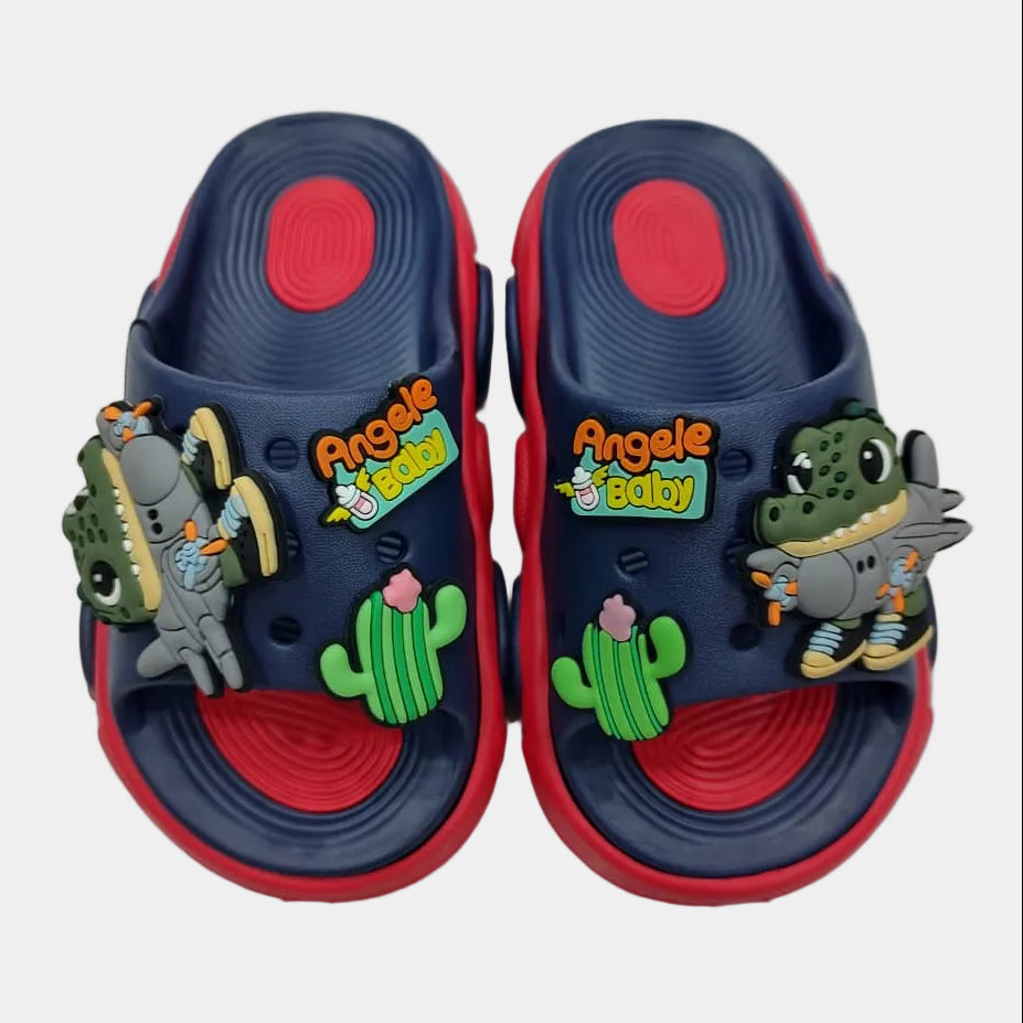 Pair of children's sandals with cartoon characters on a light gray background