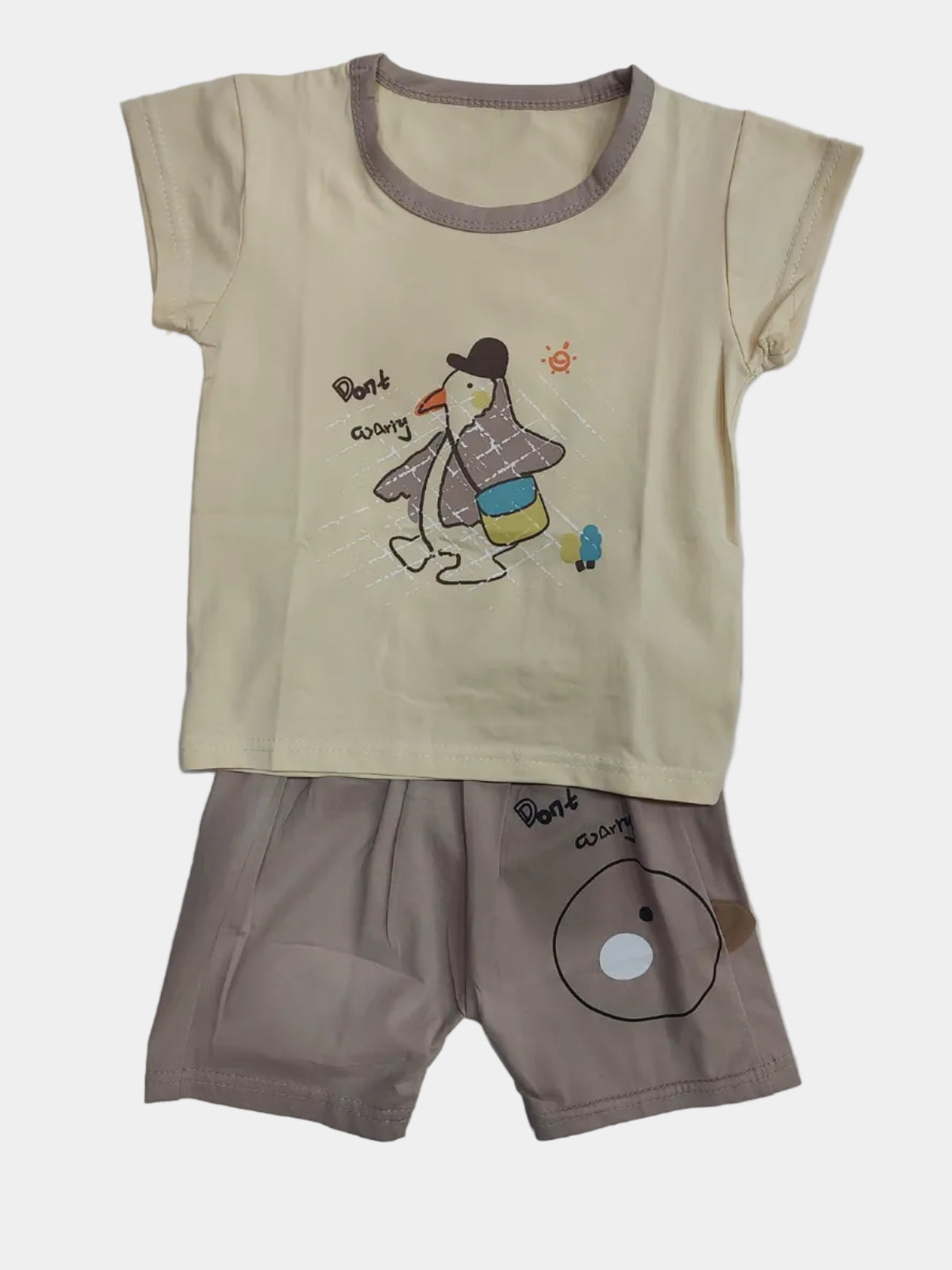 Children's outfit with a cartoon design on a light gray background