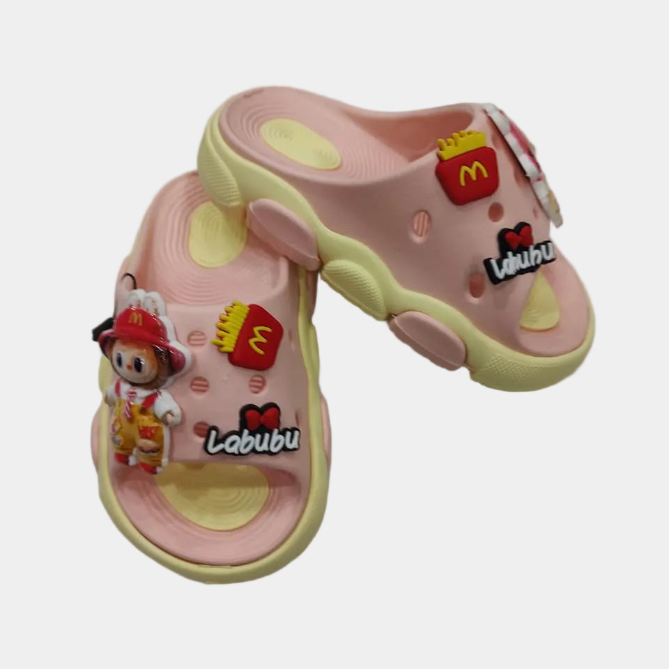 Pink children's sandals with cartoon character and brand logos on a light gray background