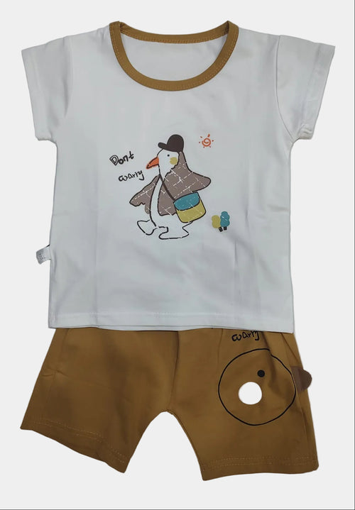 Children's outfit with white shirt and brown shorts featuring a cartoon character on a gray background