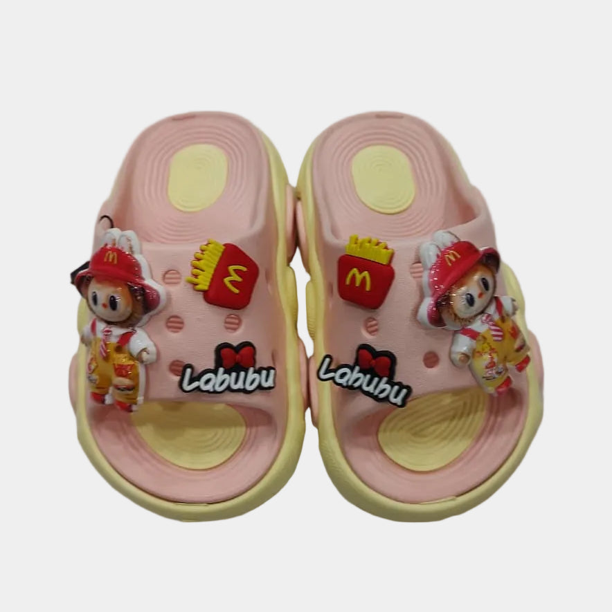 Pink children's sandals with cartoon characters and McDonald's logos on a gray background