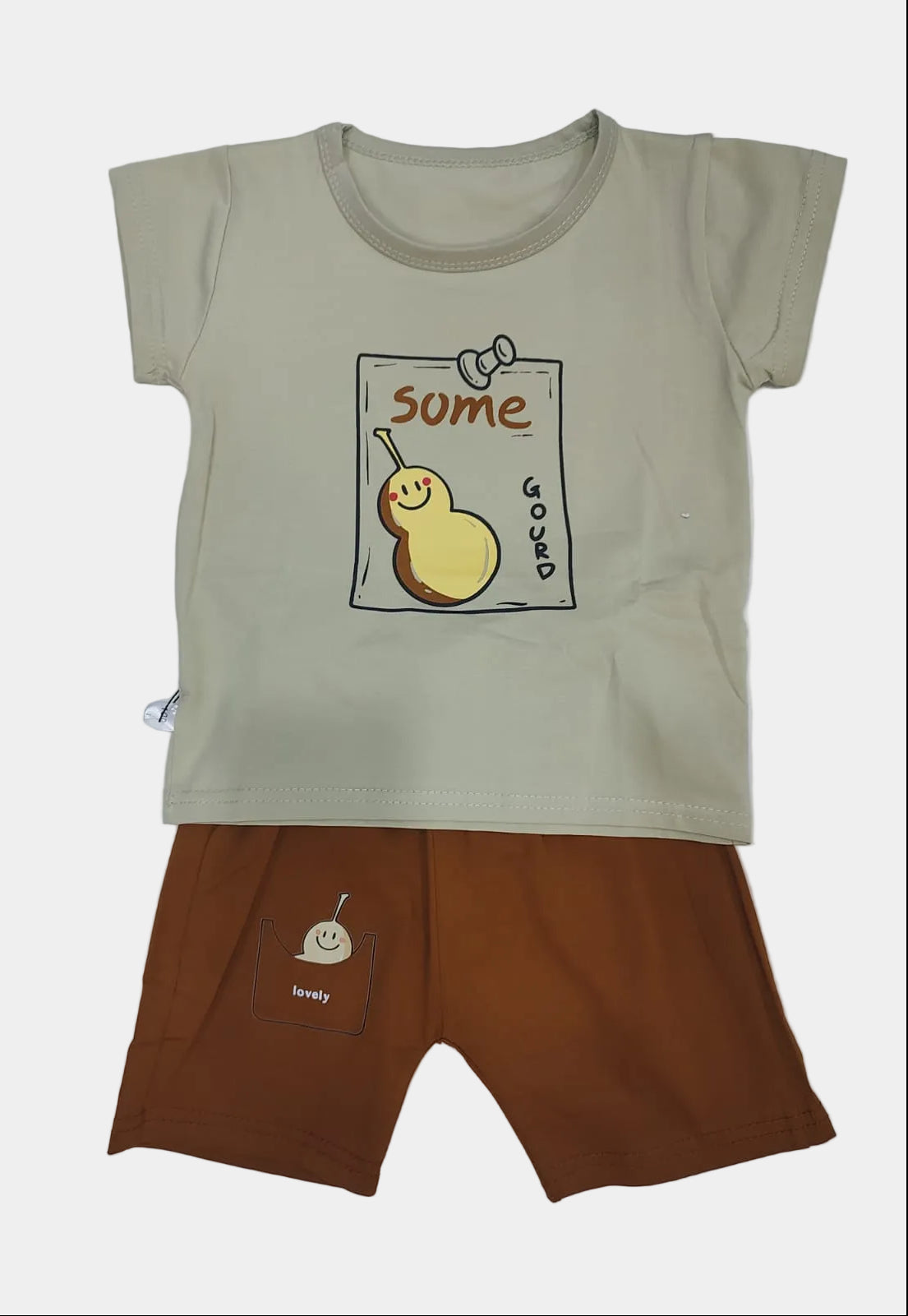 Children's t-shirt and shorts set with a pear graphic on a white background