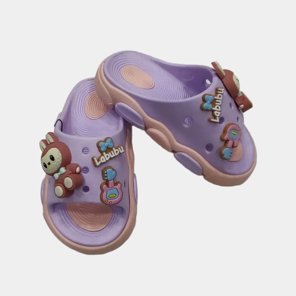 Pair of purple and pink children's sandals with cartoon character design on a light gray background