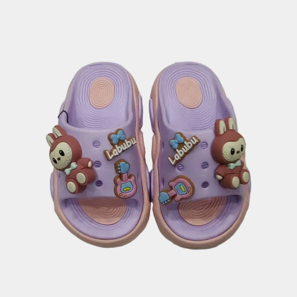 Pair of purple children's sandals with cartoon character design on a light gray background