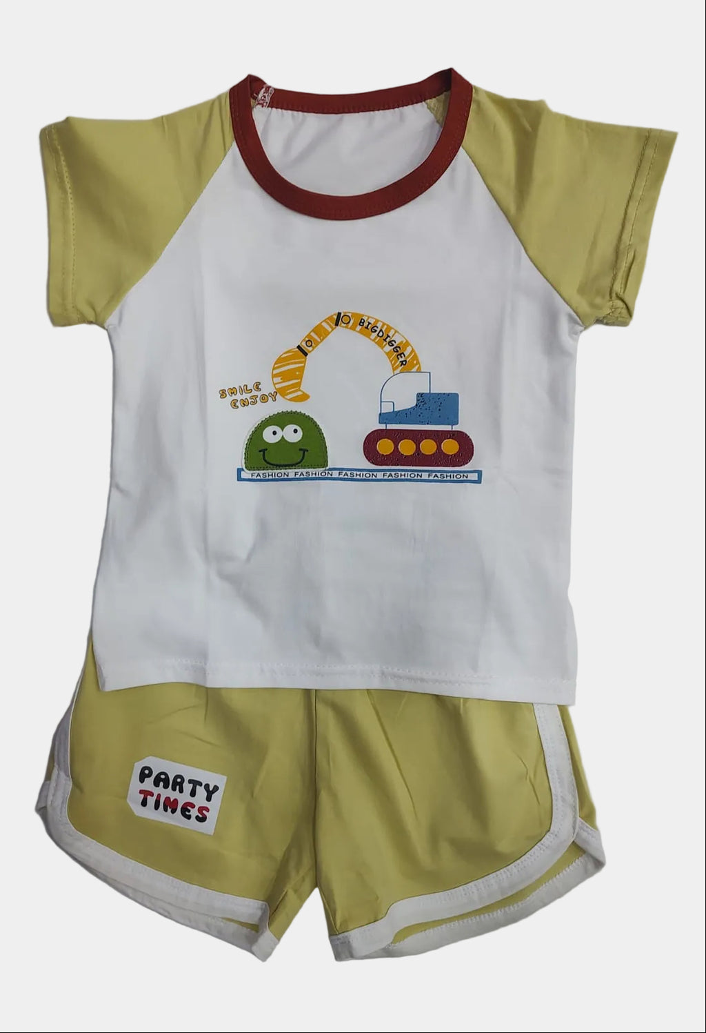 Folded baby romper with cartoon design on a white background
