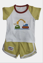 Folded baby romper with cartoon design on a white background