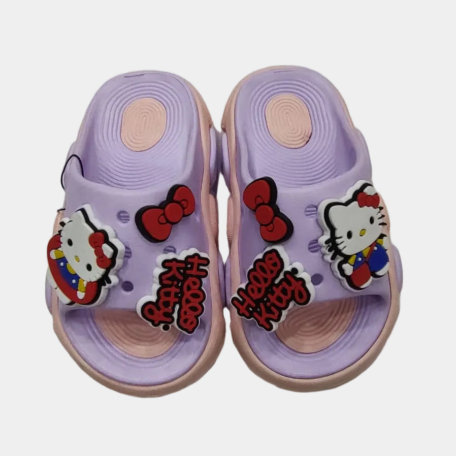 Purple children's sandals with Hello Kitty characters on a light gray background