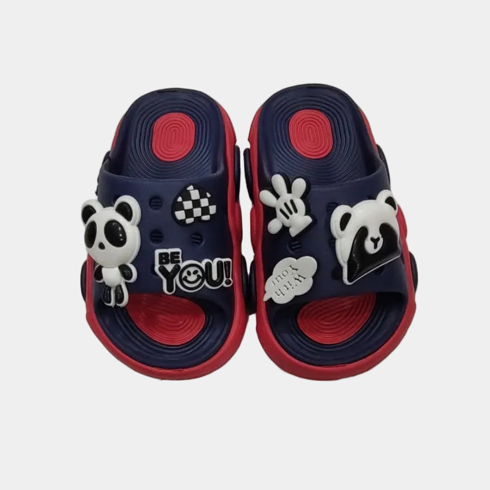 Pair of navy and red sandals with cartoon character designs on a light gray background
