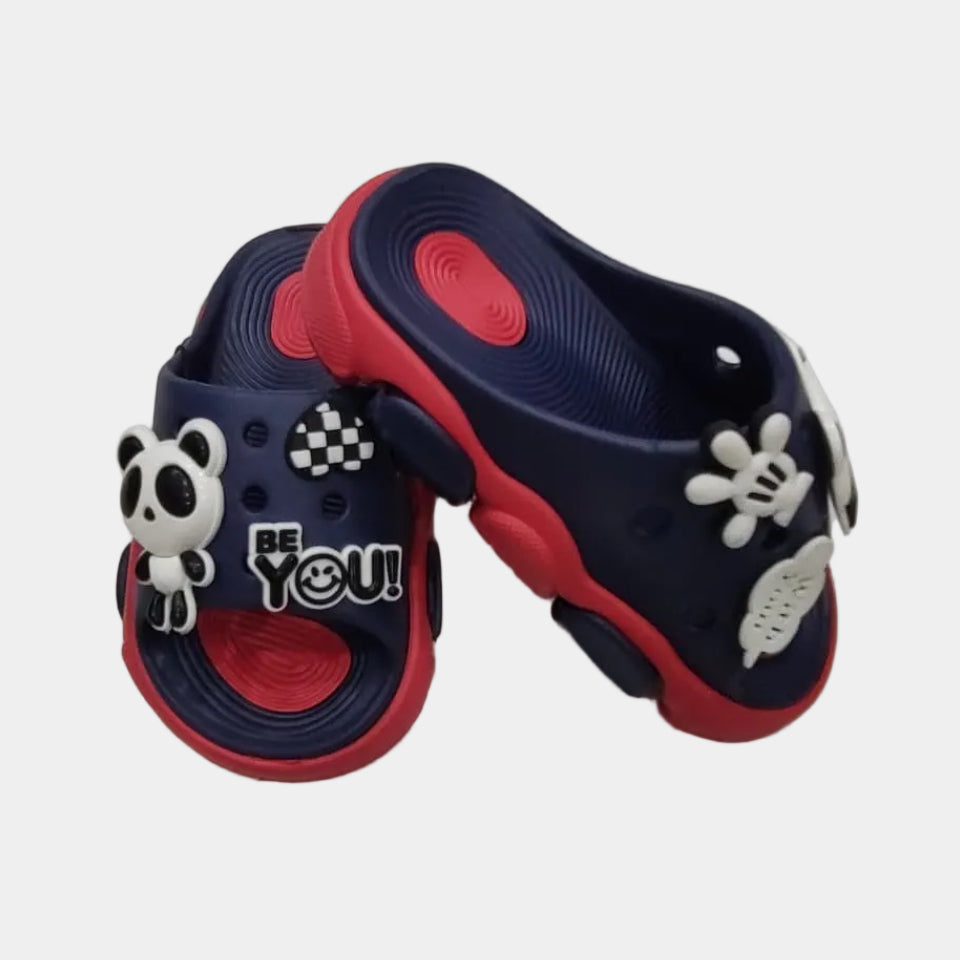 Navy and red children's sandals with cartoon characters on a light gray background