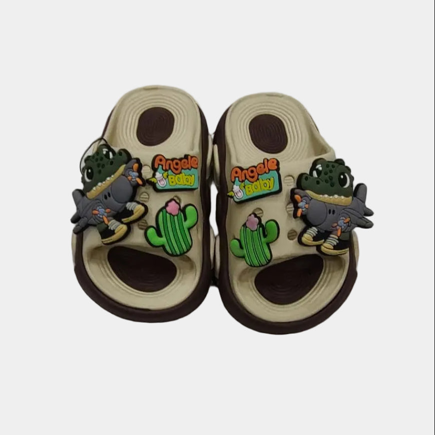 Pair of children's sandals with cartoon characters on a light gray background