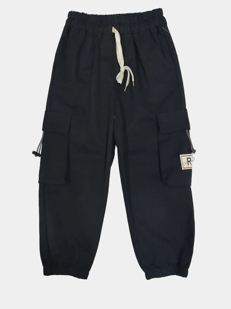 Black cargo pants with multiple pockets on a light gray background
