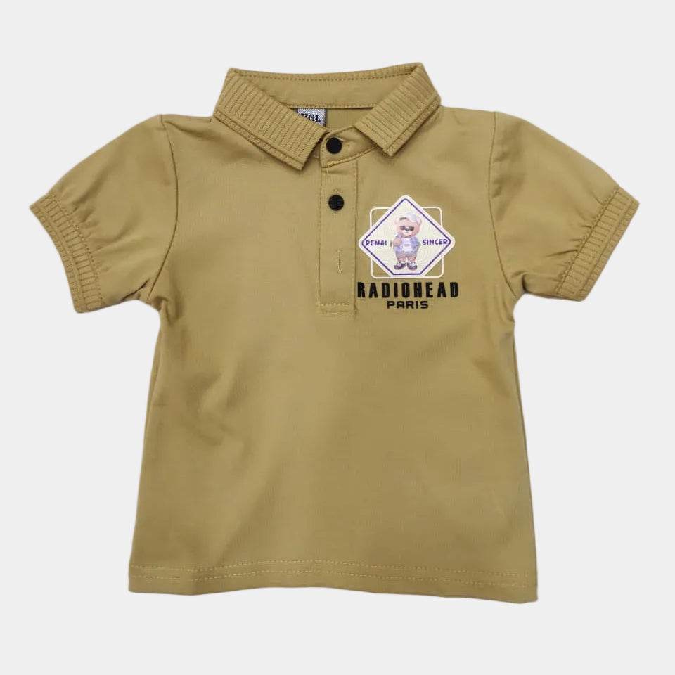 Beige polo shirt with a graphic design on a white background