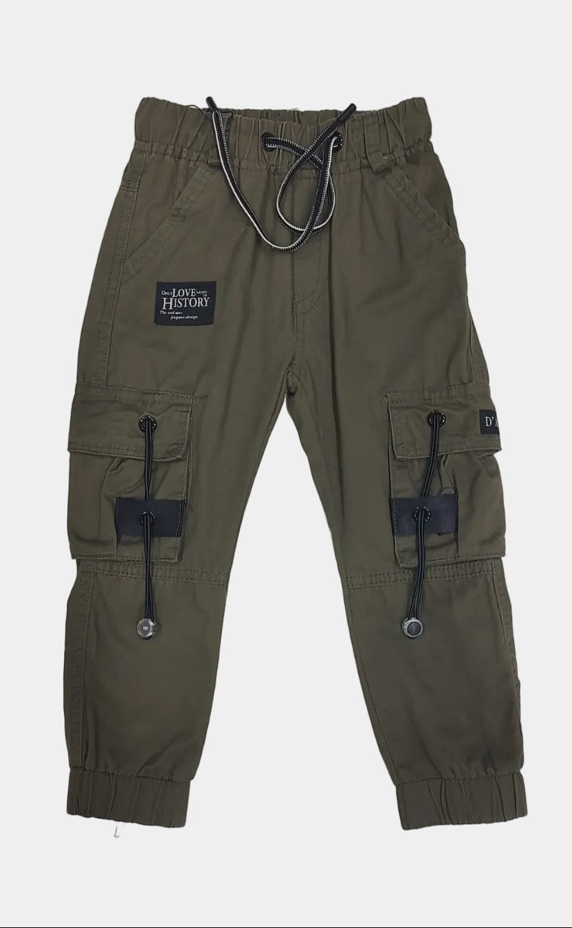 Green cargo pants with multiple pockets on a white background