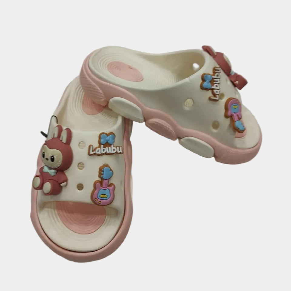 Pair of children's sandals with cartoon character design on a white background