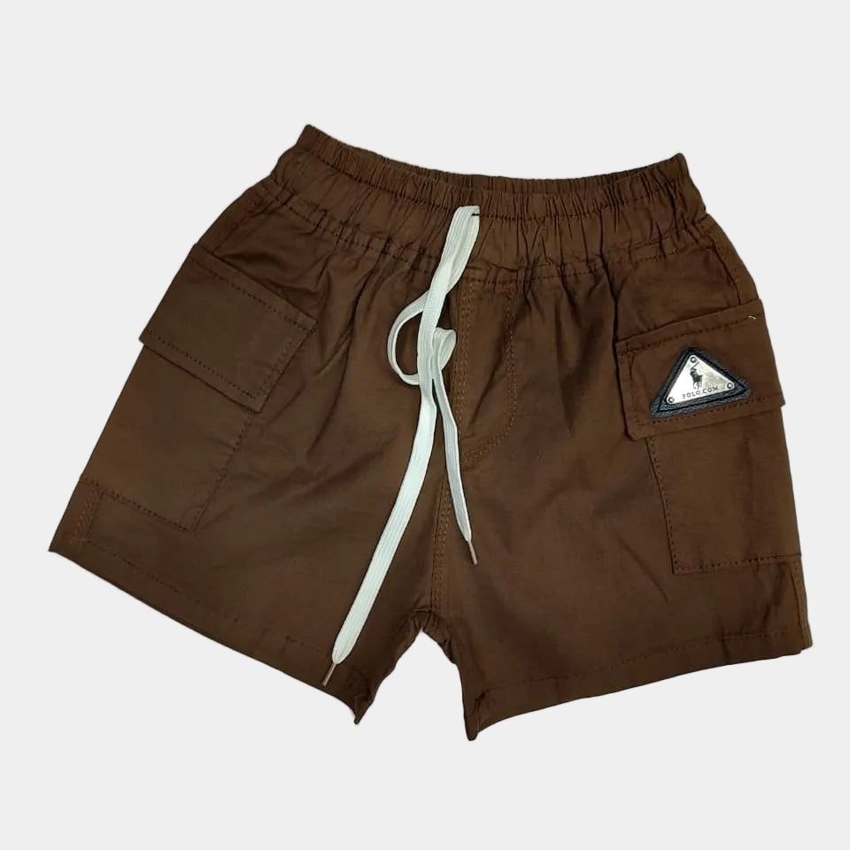 Brown shorts with a white drawstring on a light gray background