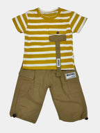 Brown pants and yellow striped shirt on a white background