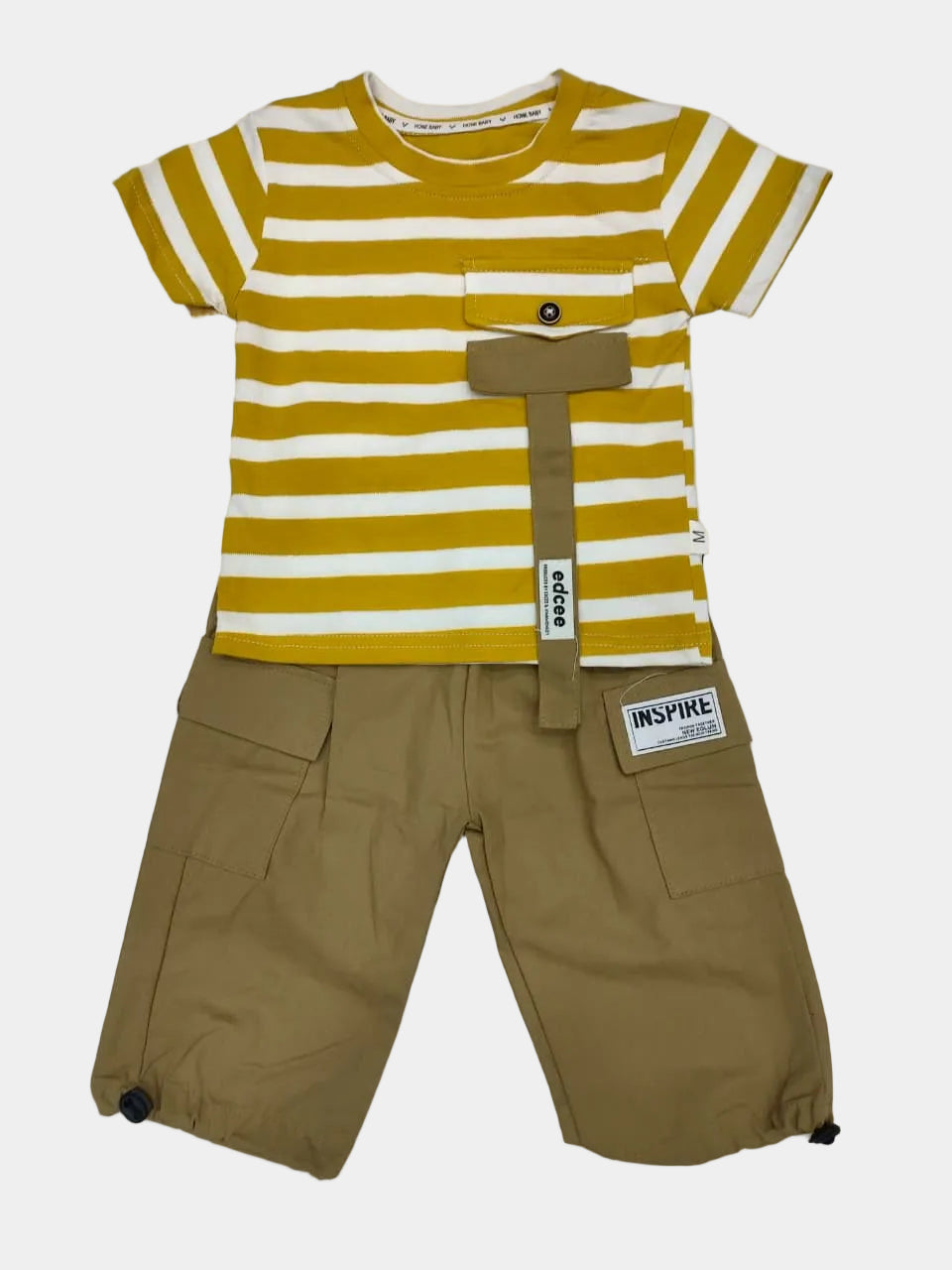 Brown pants and yellow striped shirt on a white background