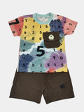 Colorful t-shirt with numbers and brown shorts on a light gray background