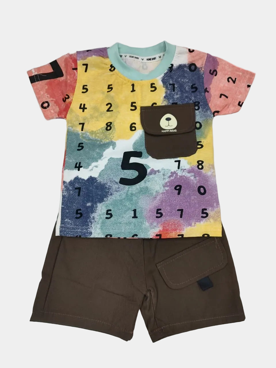 Colorful t-shirt with numbers and brown shorts on a light gray background