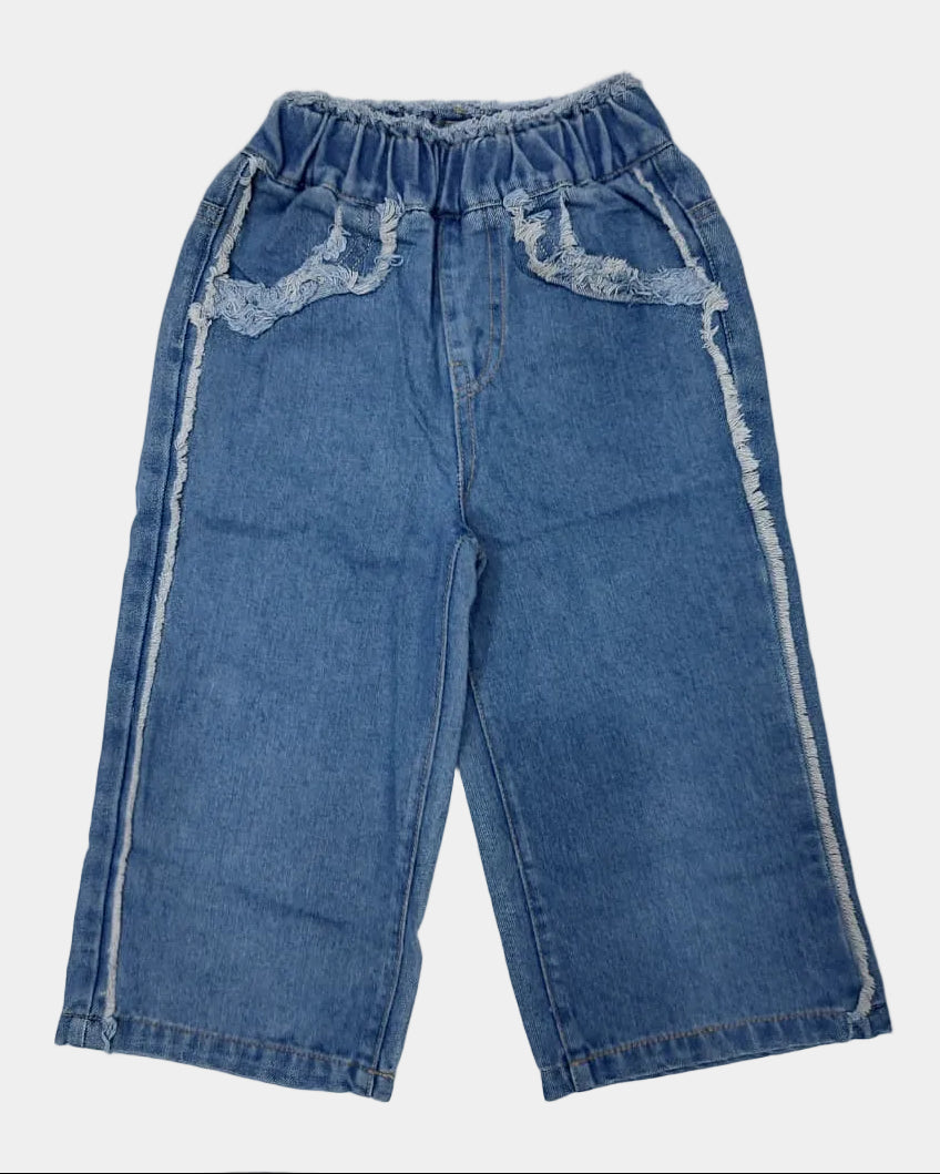 Pair of blue jeans with lace trim on a white background
