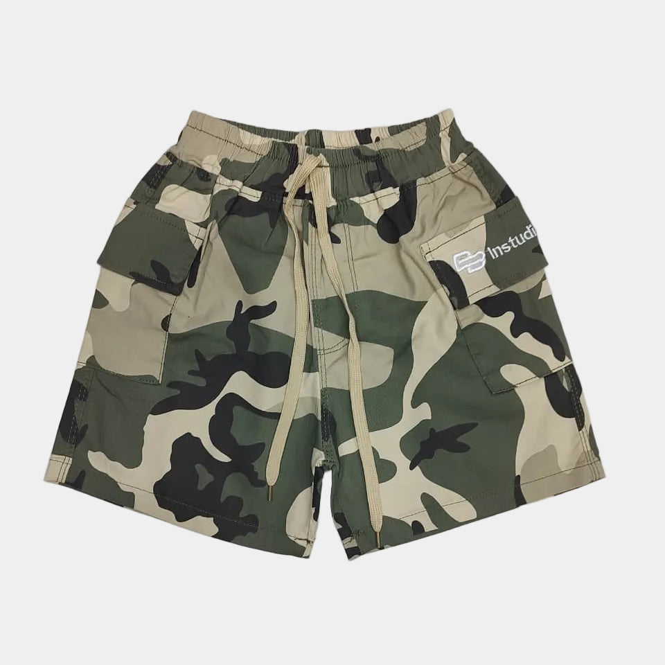 Camouflage shorts on a light gray background