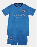 Blue sports jersey and shorts set with Etihad Airways branding on a light gray background