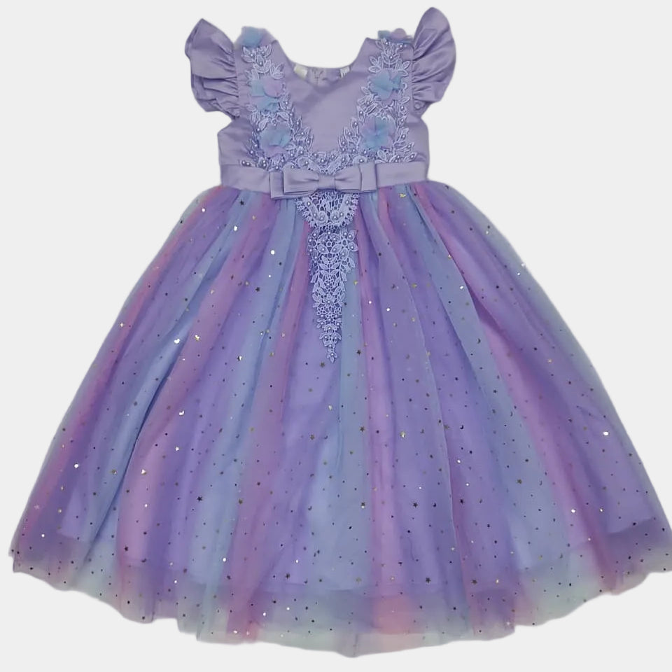 Children's purple dress with tulle skirt on a white background