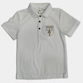 White polo shirt with brand logo on a light gray background