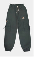Dark gray cargo pants with a small logo