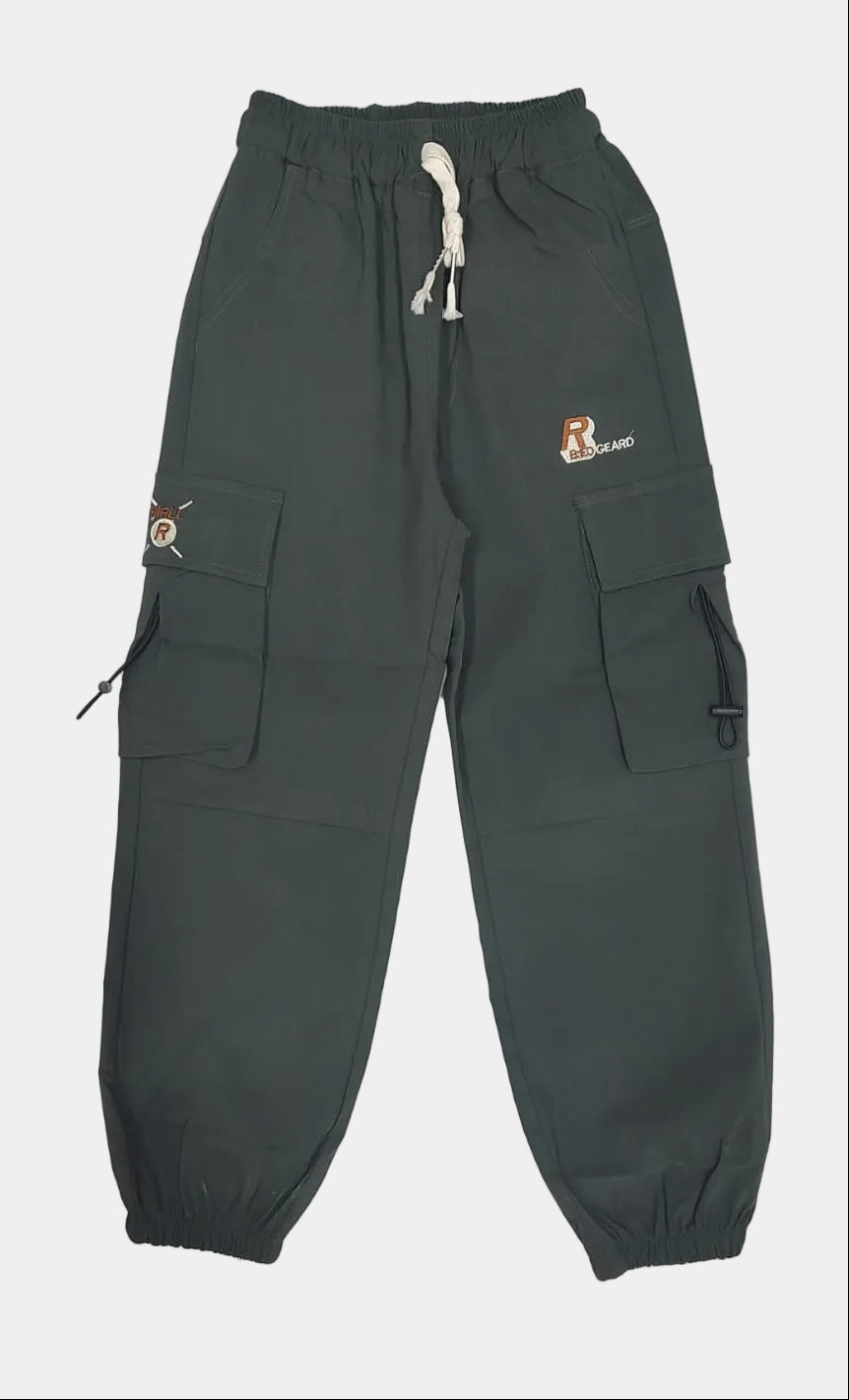 Dark gray cargo pants with a small logo