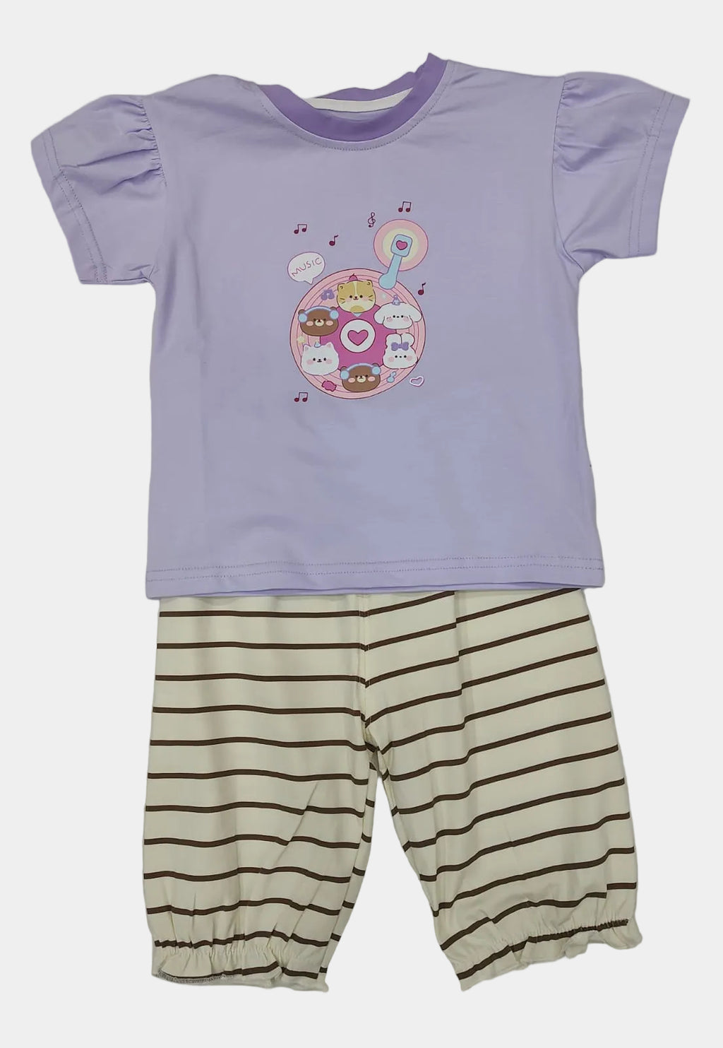 Children's outfit with a purple top and striped pants on a light gray background