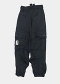 Black pants with a brand logo on a light gray background