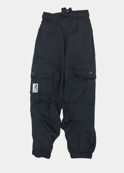 Black pants with a brand logo on a light gray background
