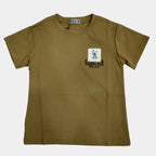 Brown t-shirt with a small logo on a light gray background