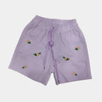 Purple shorts with floral embroidery on a white background