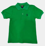 Green polo shirt with a brand logo on a white background