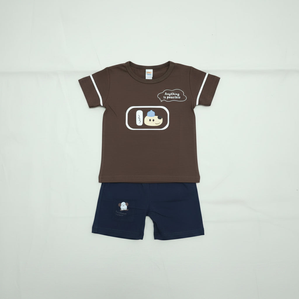 Brown sleeveless shirt with cartoon design and gray shorts on a white background