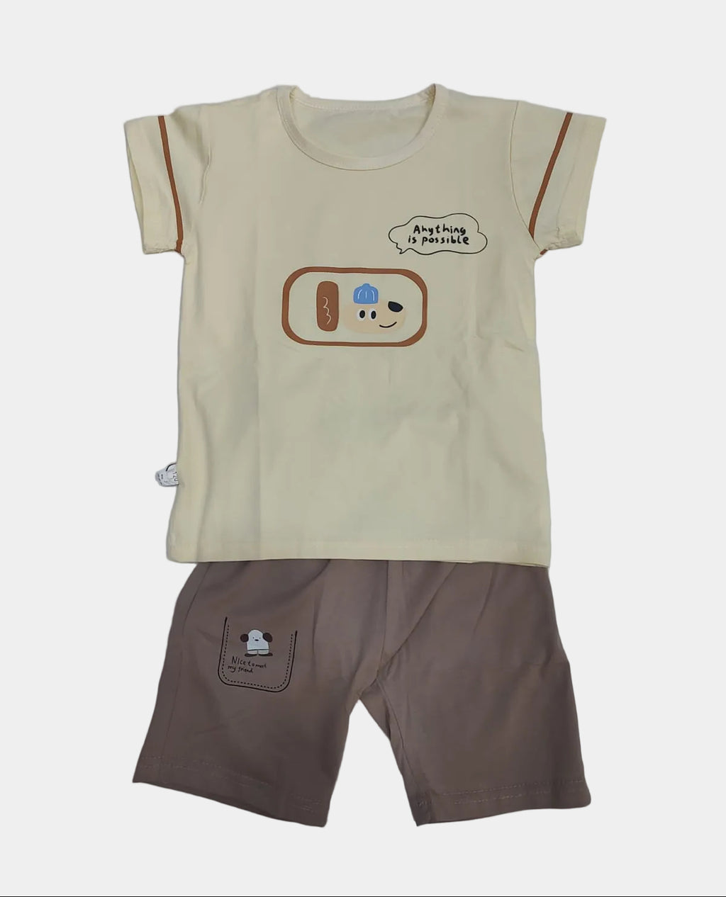 Two shirts, one beige with a graphic design and one brown, on a white surface.