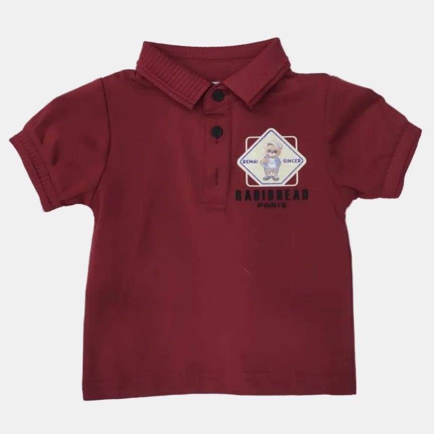 Maroon polo shirt with a logo on a white background