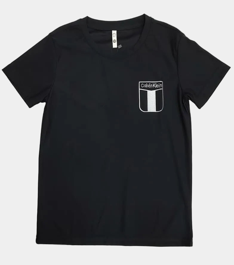 Black t-shirt with a Calvin Klein logo on a light gray background
