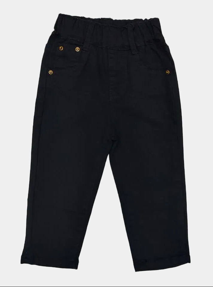 Black pants with gold buttons on a white background