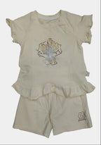 Children's yellow outfit with a top and shorts on a white background