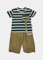 Children's outfit with striped shirt and beige pants on a white background