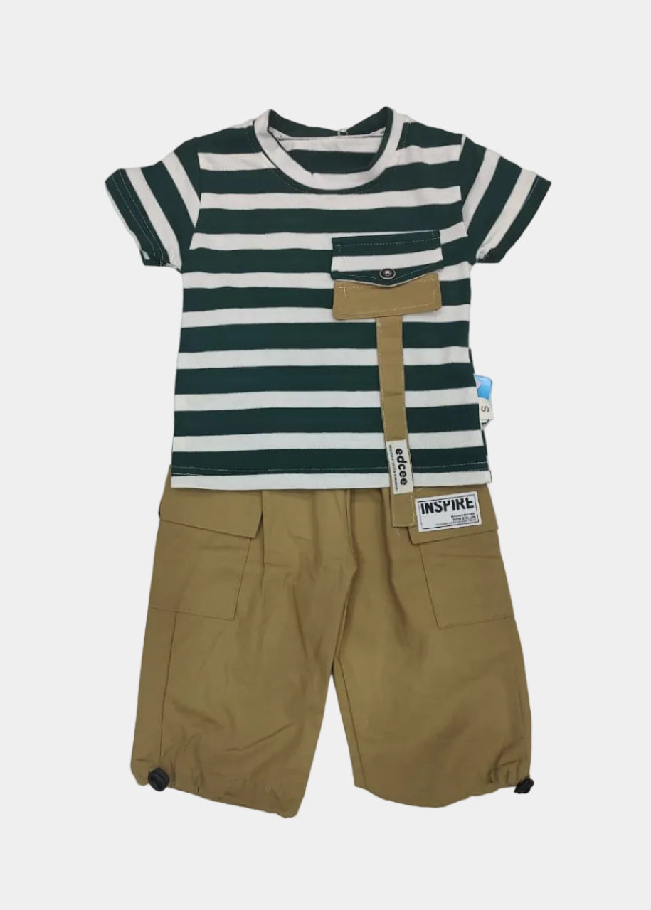 Children's outfit with striped shirt and beige pants on a white background