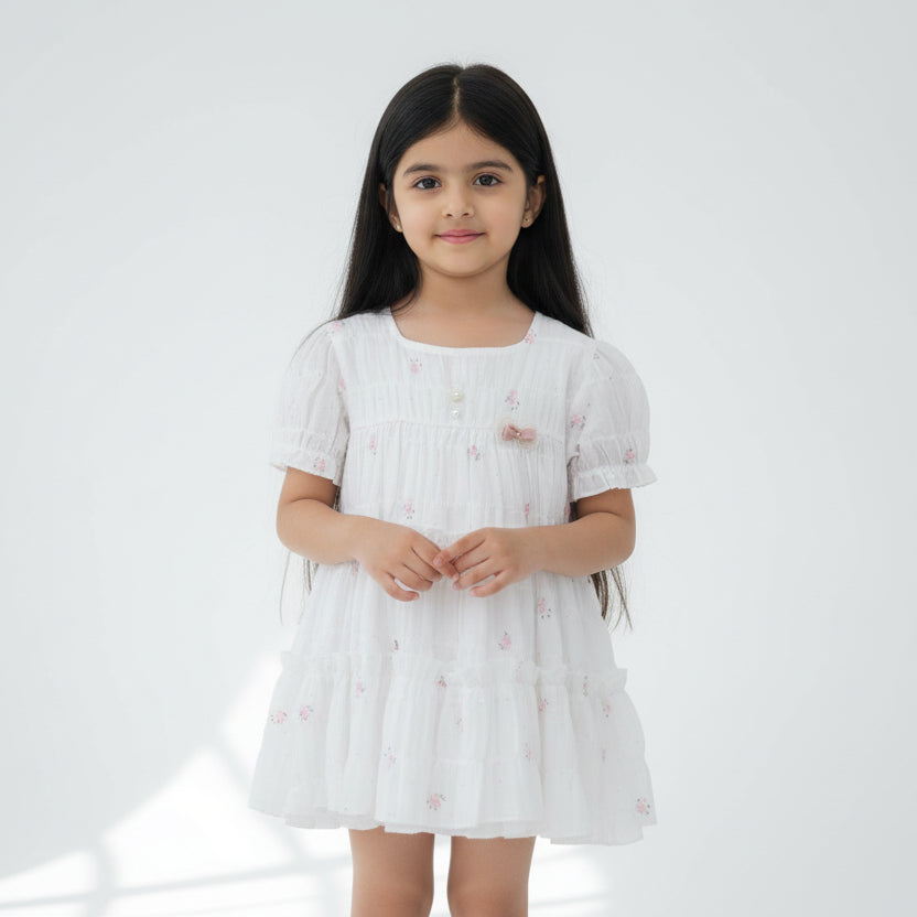 White dress with floral embroidery on a white background