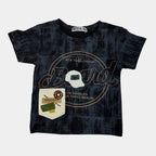 Black tie-dye t-shirt with branding on a white background