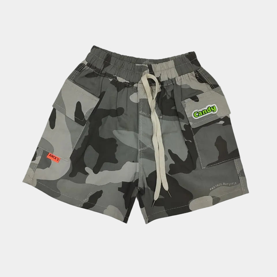 Camouflage shorts with a drawstring on a light gray background